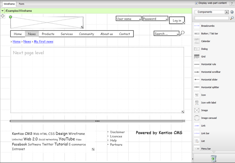 Wireframe tab overview, including the web part toolbar