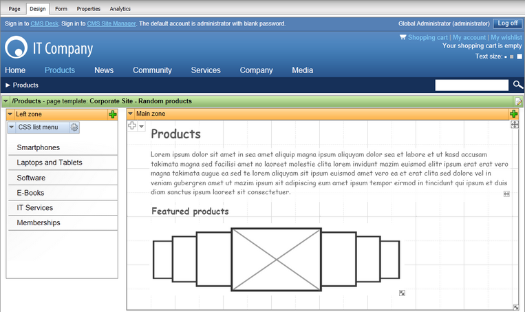 Wireframe area placed inside a standard web part zone on the Design tab
