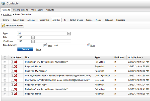 Activity log showing the registration of a new user