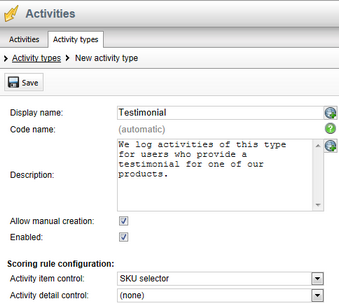 Defining a new activity type for tracking testimonials