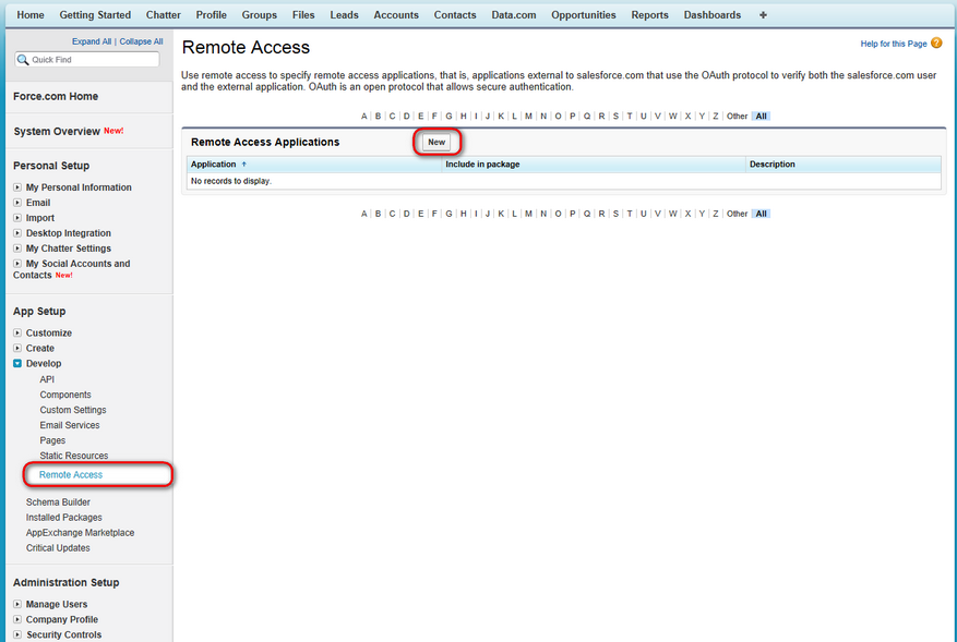 Creating a new remote access application in Salesforce