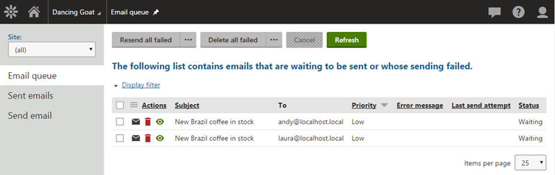 Screenshot of Email Queue