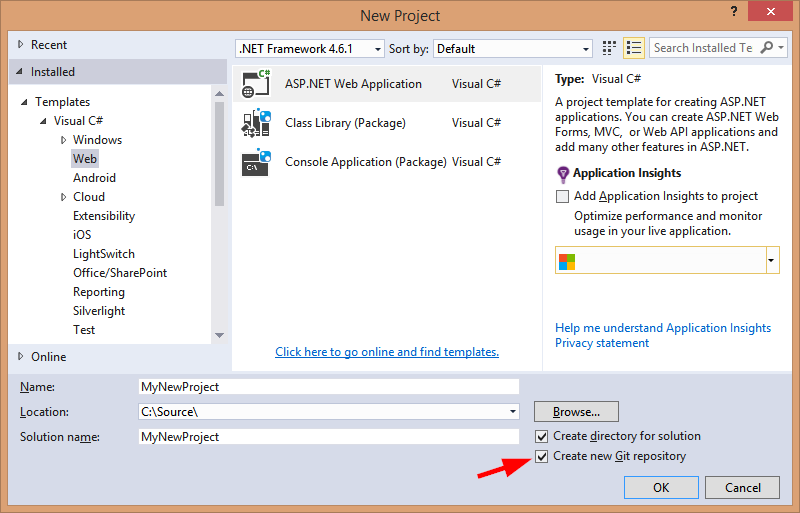 New Project window in Visual Studio 2015 with 'Create new Git repository' option checked