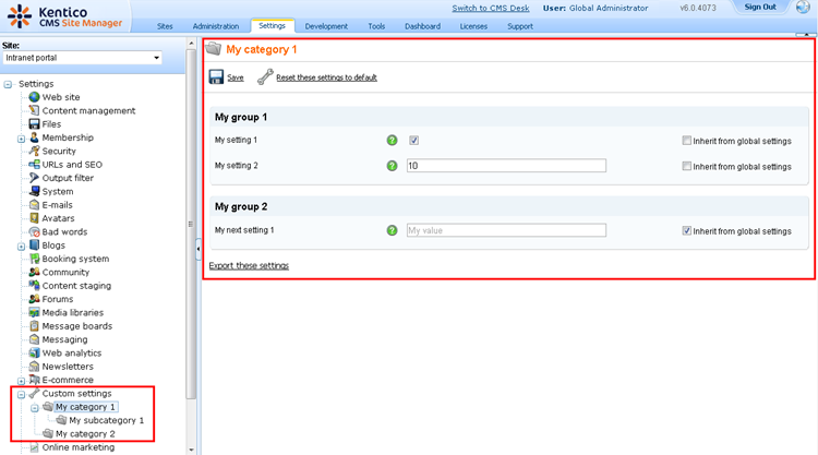 Custom settings configuration
