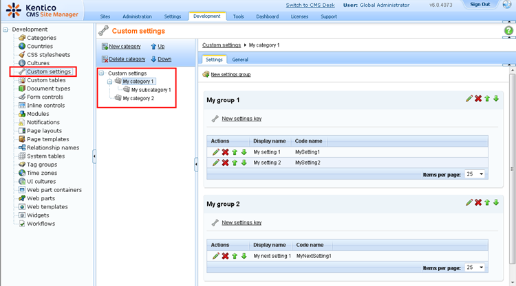 Custom settings management
