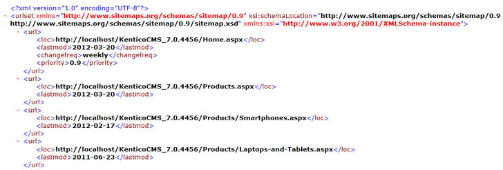 XML output of the Google sitemap generated for a Kentico CMS website