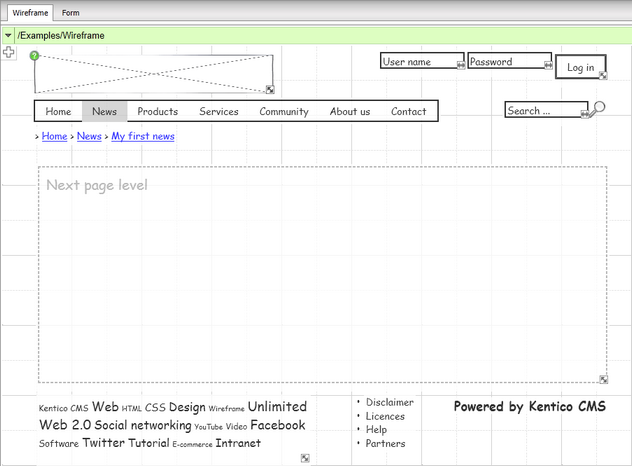 Example of the Next page level component on a parent wireframe