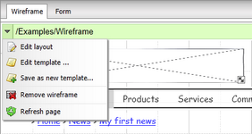 Page template context menu on the Wireframe tab