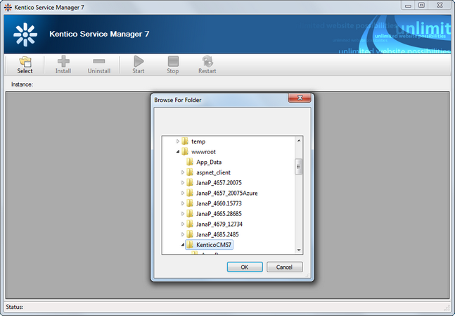 Selecting a root folder of an insance