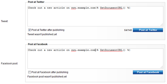 Posting a link to an article to Twitter and Facebook on the Form tab in CMS Desk
