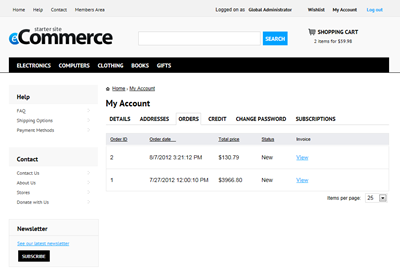 Kentico E-commerce Starter Site - Registered user profile
