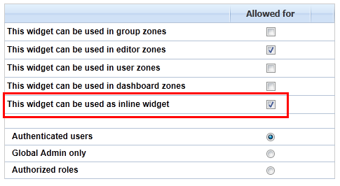 In-line widget properties