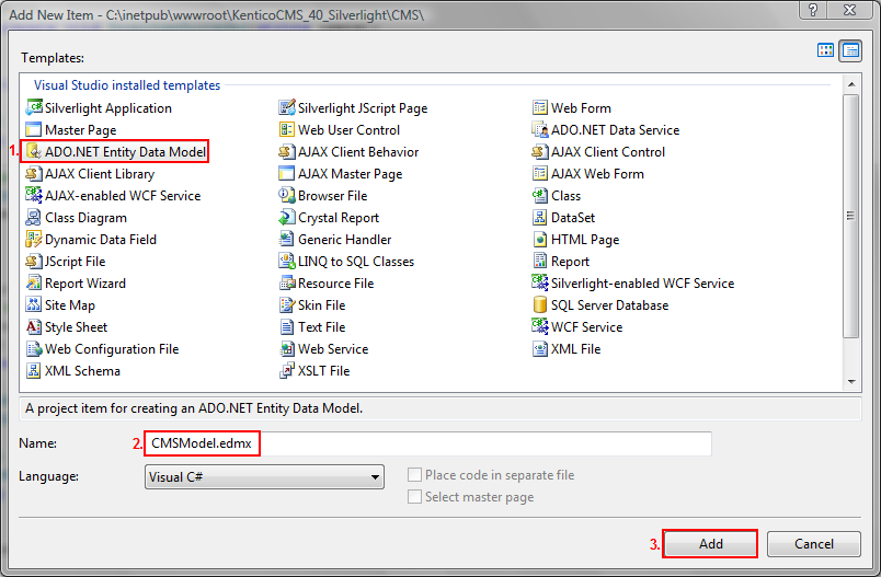 Add ADO.NET Entitty Data Model