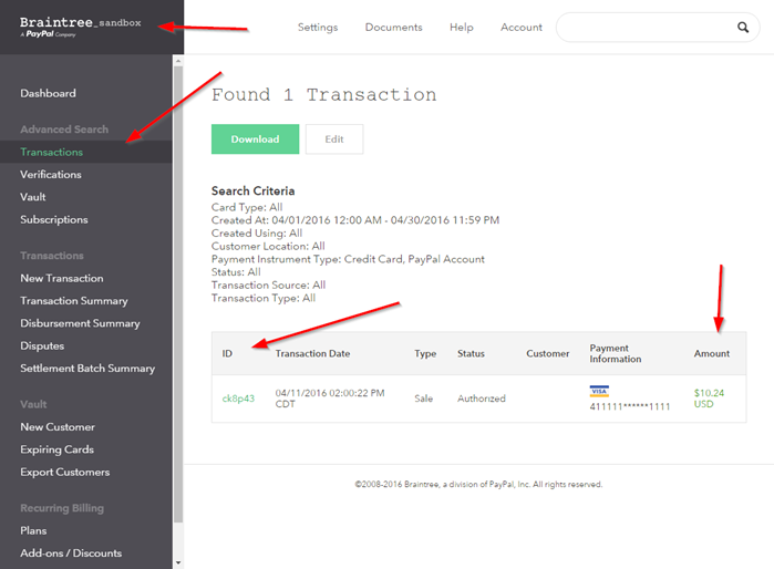 Braintree Dashboard