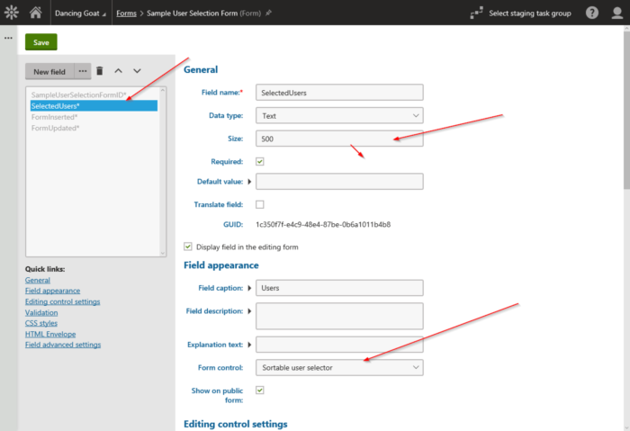 Form control selection