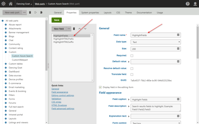 Azure Search Webpart - Properties