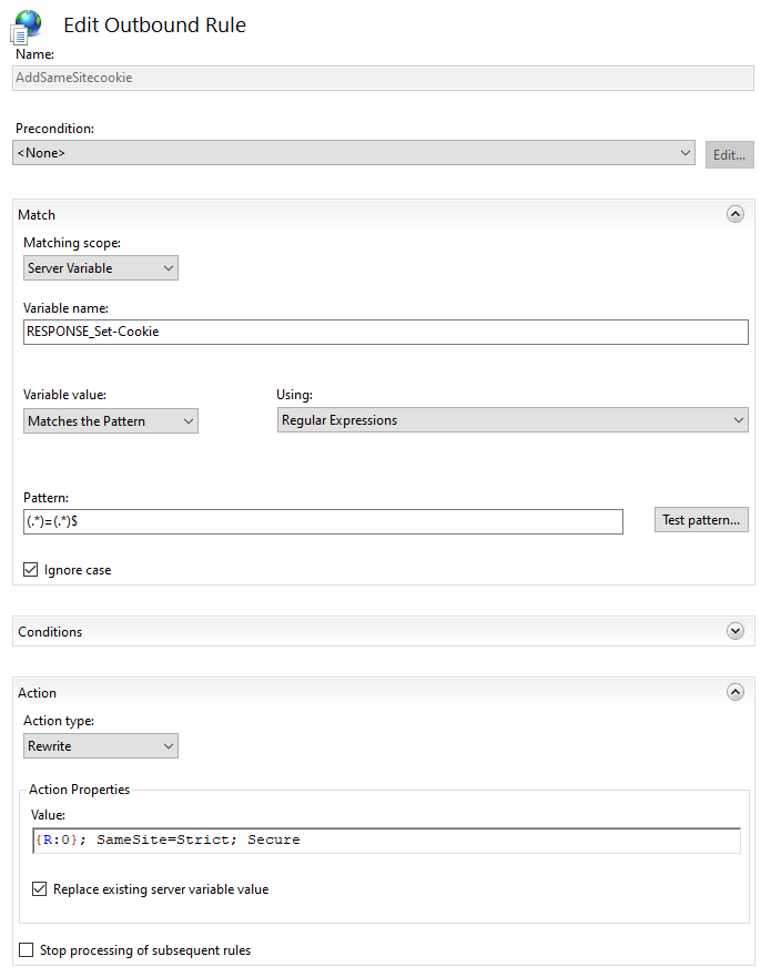 How to force Secure and HttpOnly cookie options for a specific cookie by  using rewrite policy